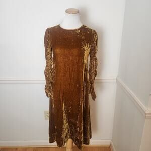 Beatrice B Dress XS Womens Midi Gold Velvet Regency Ruched Sleeve Grunge Fairy
